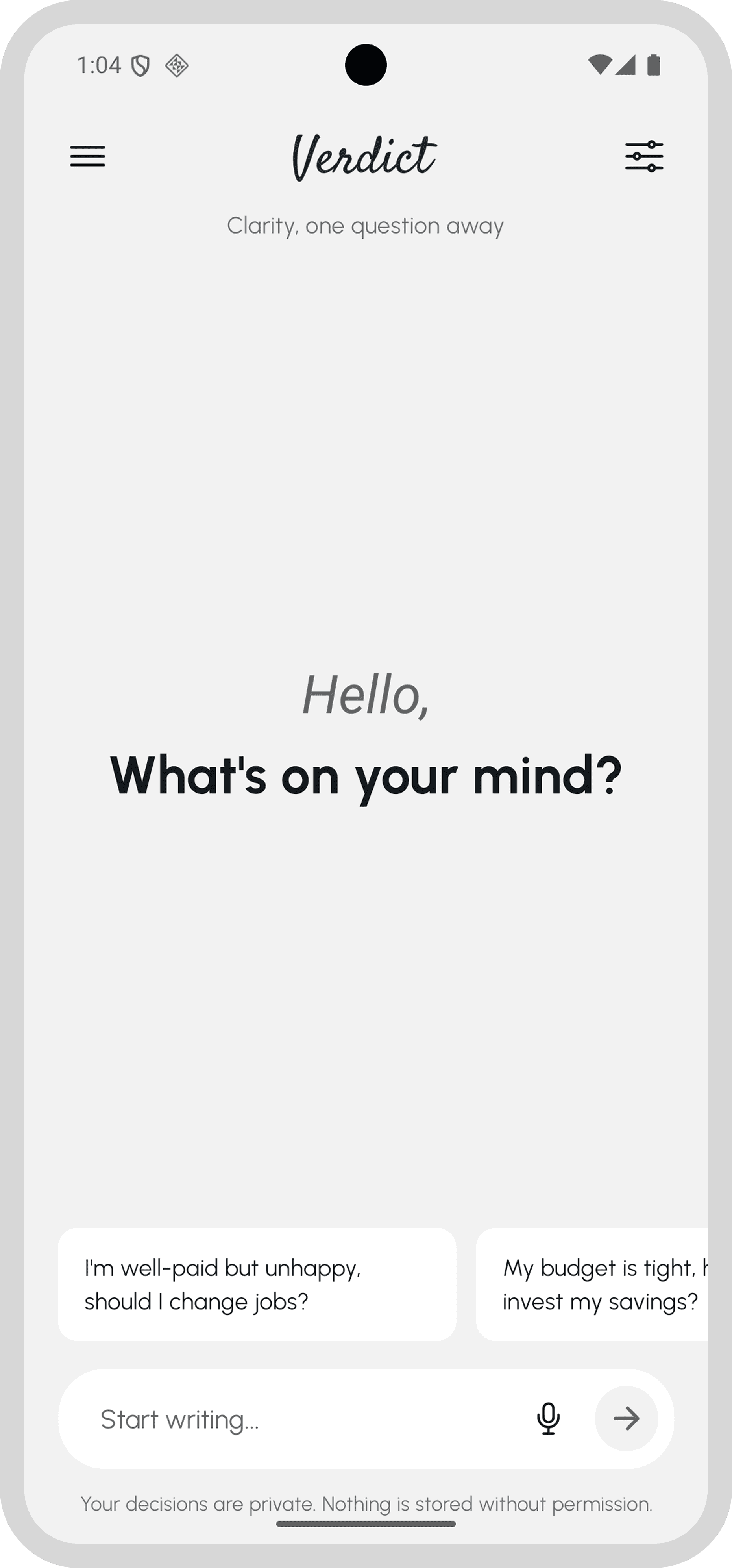 Verdict home screen — Ask anything, get clarity