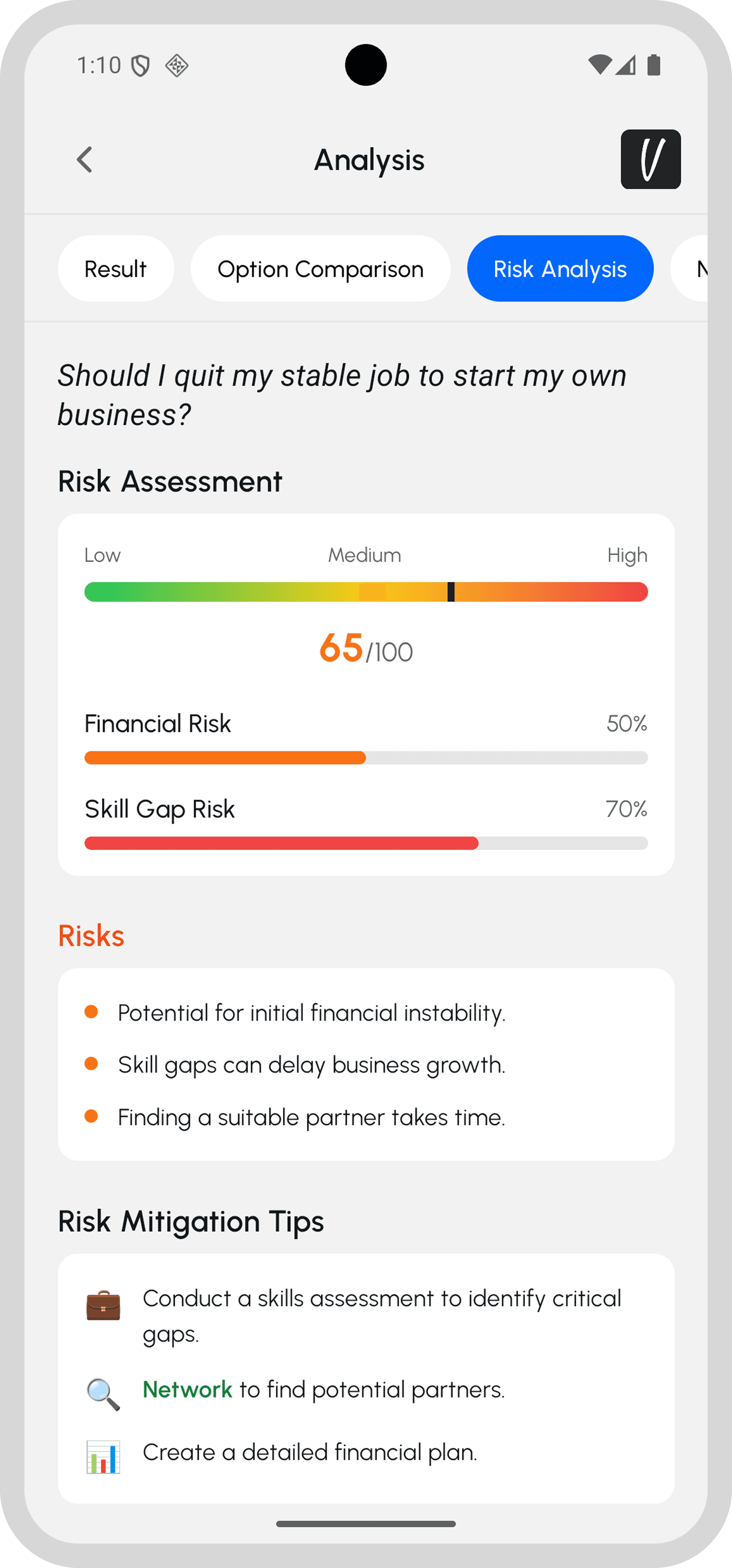Personalized verdict with risk analysis and comparisons